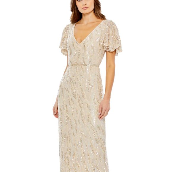 MAC DUGGAL 93591 SEQUINED V-NECK FLUTTER SLEEVE TEAL LENGTH OYSTER DRESS 14 - Picture 5 of 6